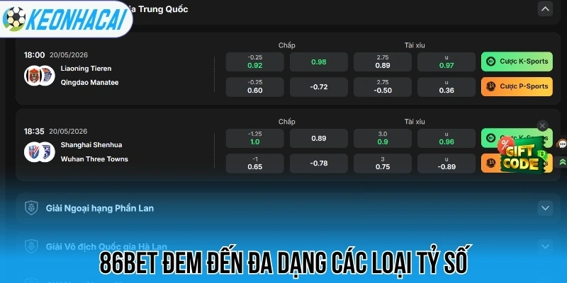 86Bet đem đến đa dạng các loại tỷ số